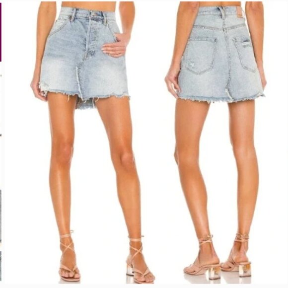 We The Free Light Wash Denim Raw Hem Cut Off Mini Skirt - Picture 2 of 8